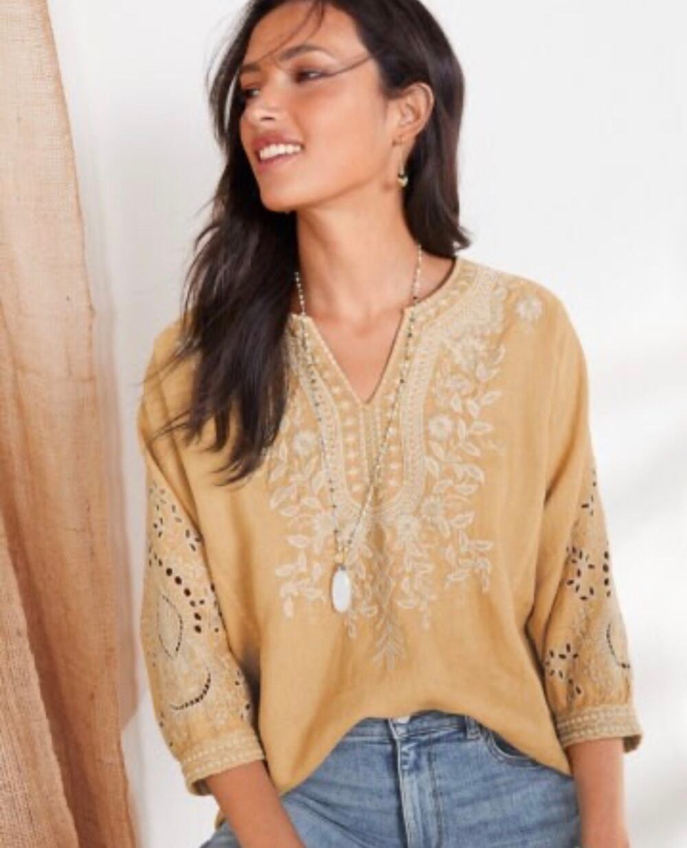 Johnny Was La Kemi Linen Embroidered Peasant Top XS Boho Floral